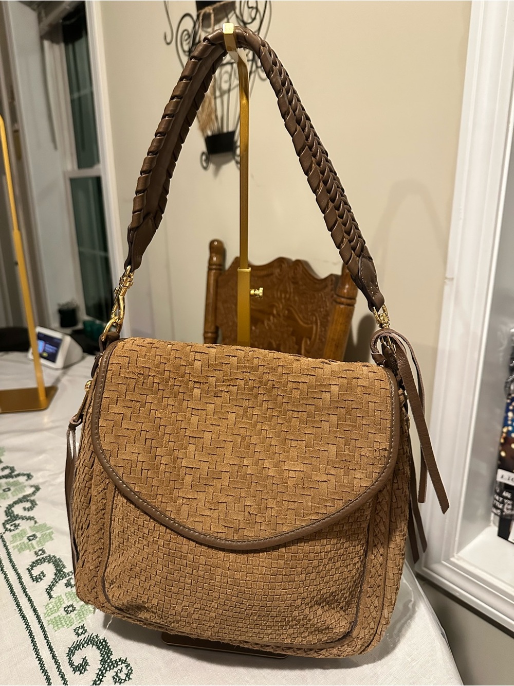 Aimee Kestenberg All For Love Novelty Convertible Shoulder In Coffee Woven Suede